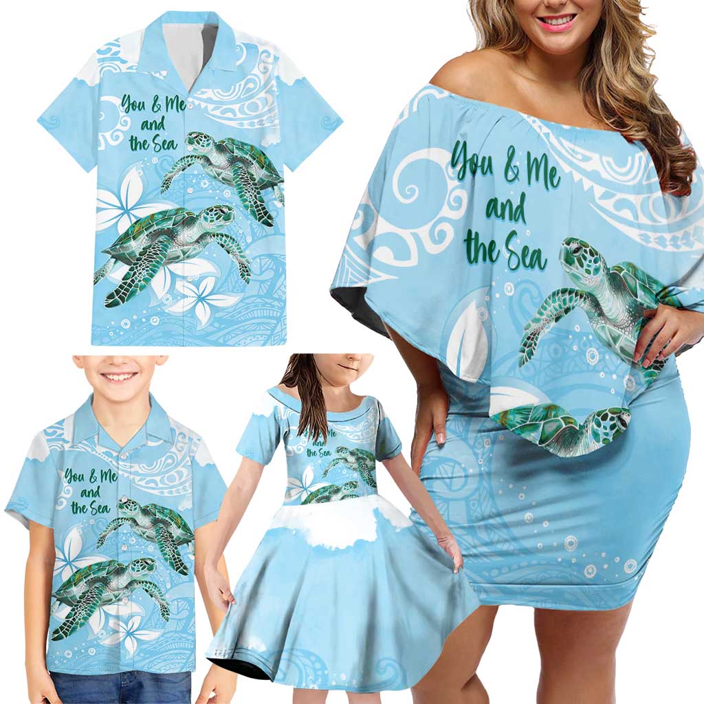 Personalised Polynesia Valentine's Day Family Matching Off Shoulder Short Dress and Hawaiian Shirt SeaTurtle Couple Polynesian - Fairy Sparkles Color