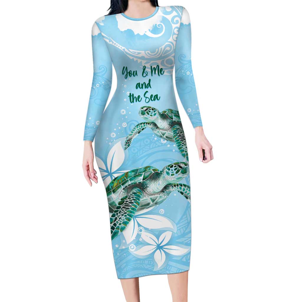 Personalised Polynesia Valentine's Day Long Sleeve Bodycon Dress SeaTurtle Couple Polynesian - Fairy Sparkles Color