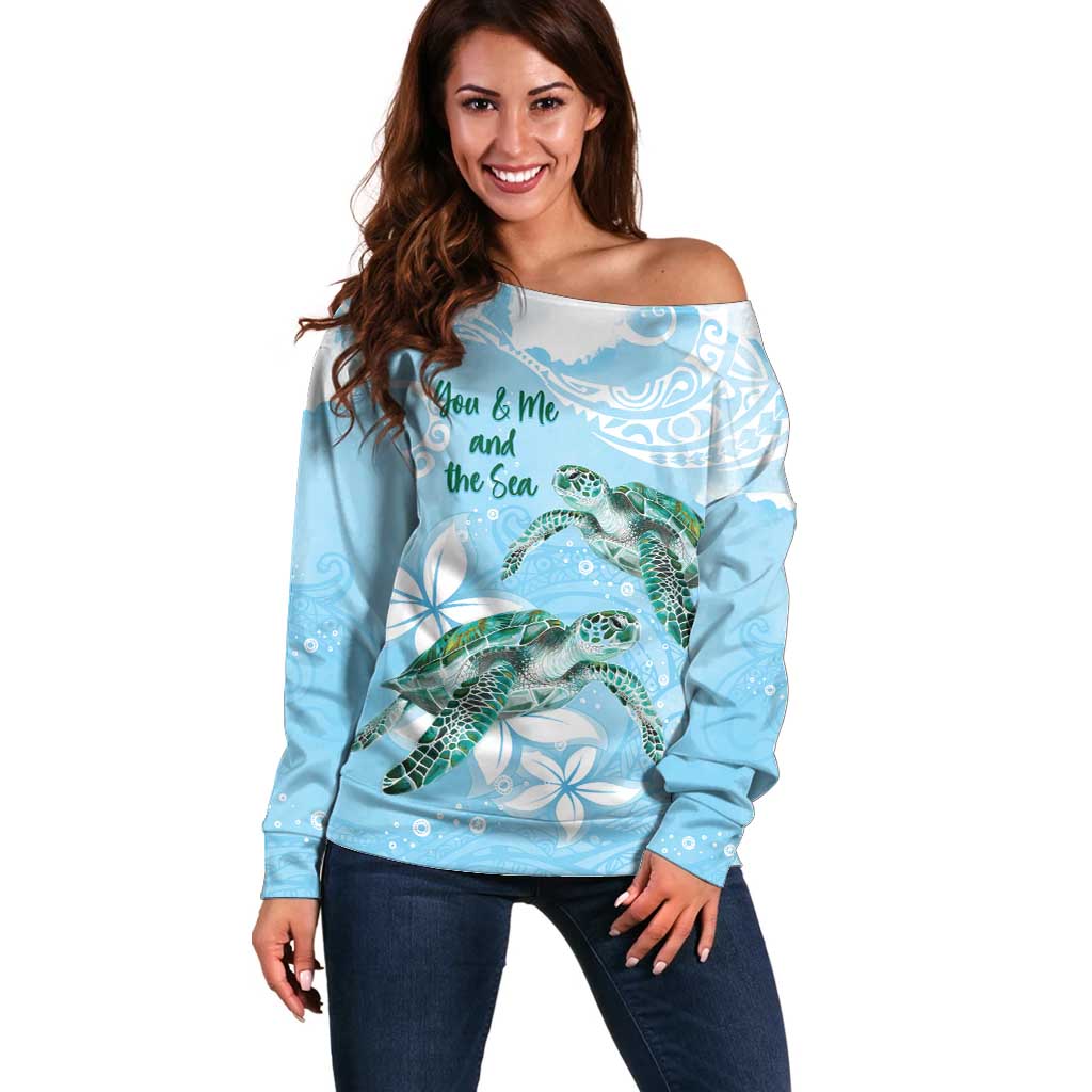 Personalised Polynesia Valentine's Day Off Shoulder Sweater SeaTurtle Couple Polynesian - Fairy Sparkles Color