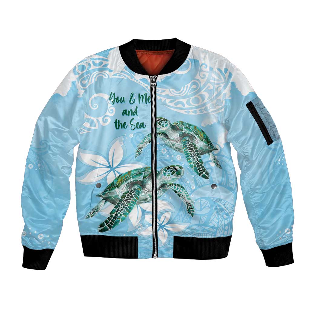 Personalised Polynesia Valentine's Day Sleeve Zip Bomber Jacket SeaTurtle Couple Polynesian - Fairy Sparkles Color