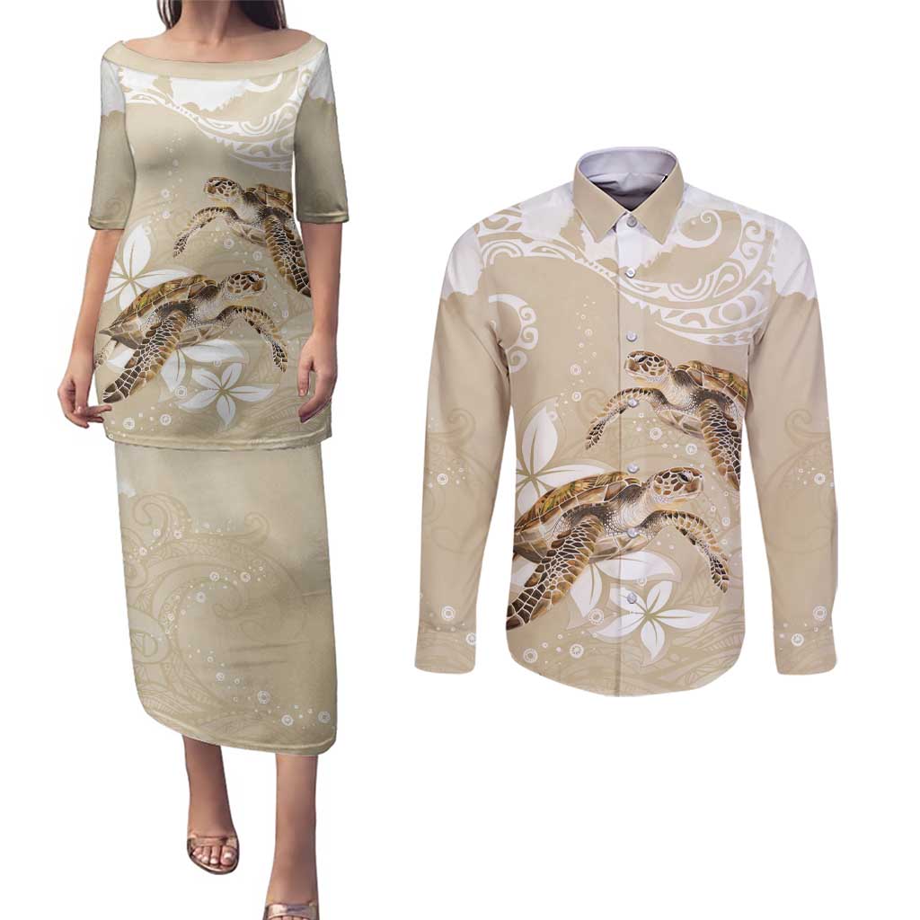 Happy Valentine's Day Polynesia Couples Matching Puletasi and Long Sleeve Button Shirt SeaTurtle Couple Polynesian - Pollinate Color LT14 Beige - Polynesian Pride
