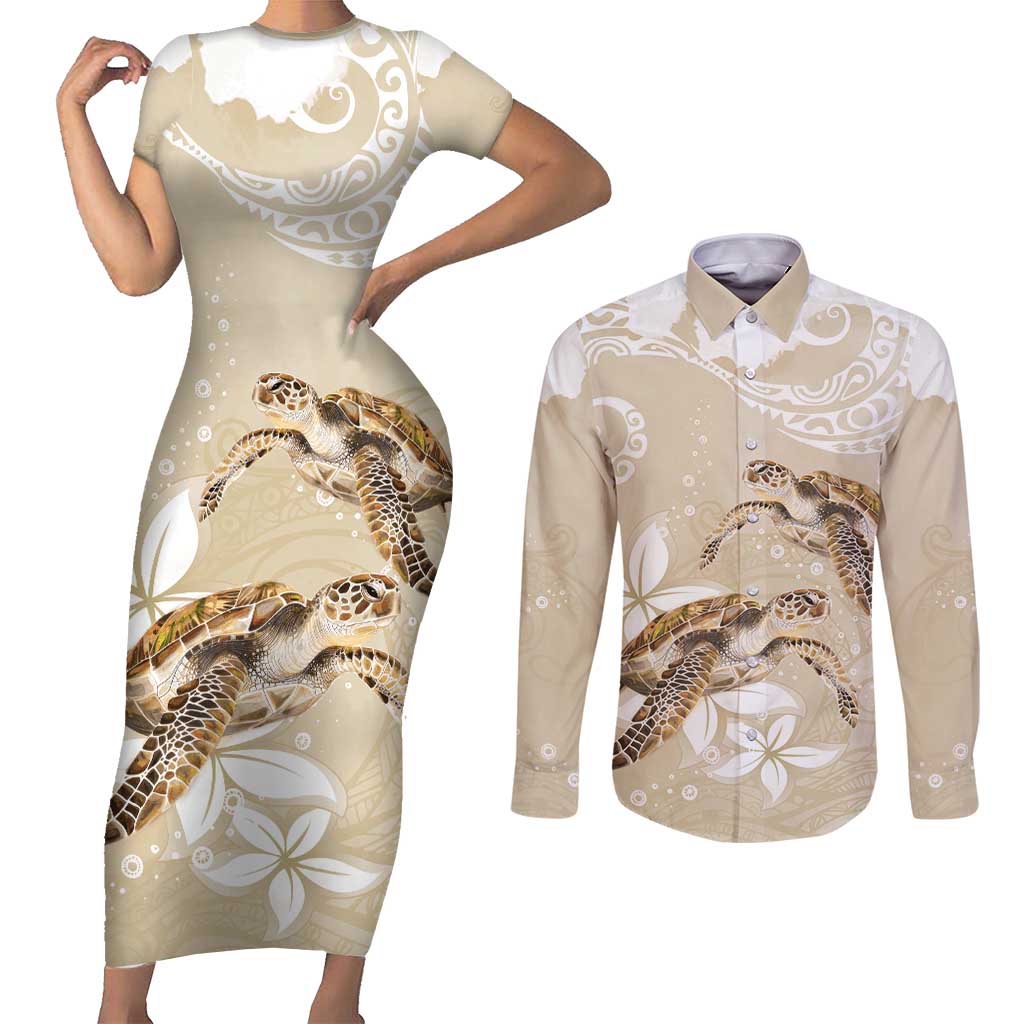Happy Valentine's Day Polynesia Couples Matching Short Sleeve Bodycon Dress and Long Sleeve Button Shirt SeaTurtle Couple Polynesian - Pollinate Color LT14 Beige - Polynesian Pride