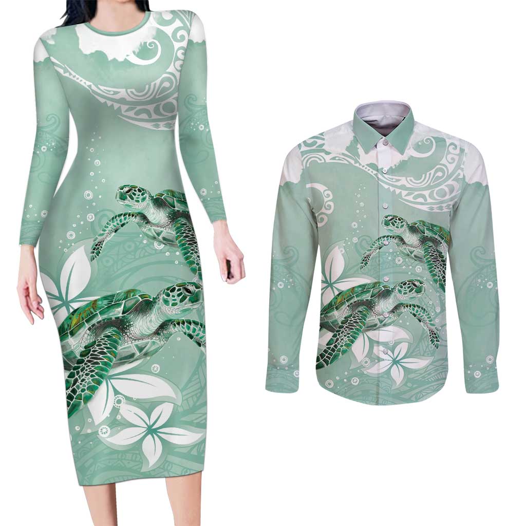 Happy Valentine's Day Polynesia Couples Matching Long Sleeve Bodycon Dress and Long Sleeve Button Shirt SeaTurtle Couple Polynesian - Green Lester Color