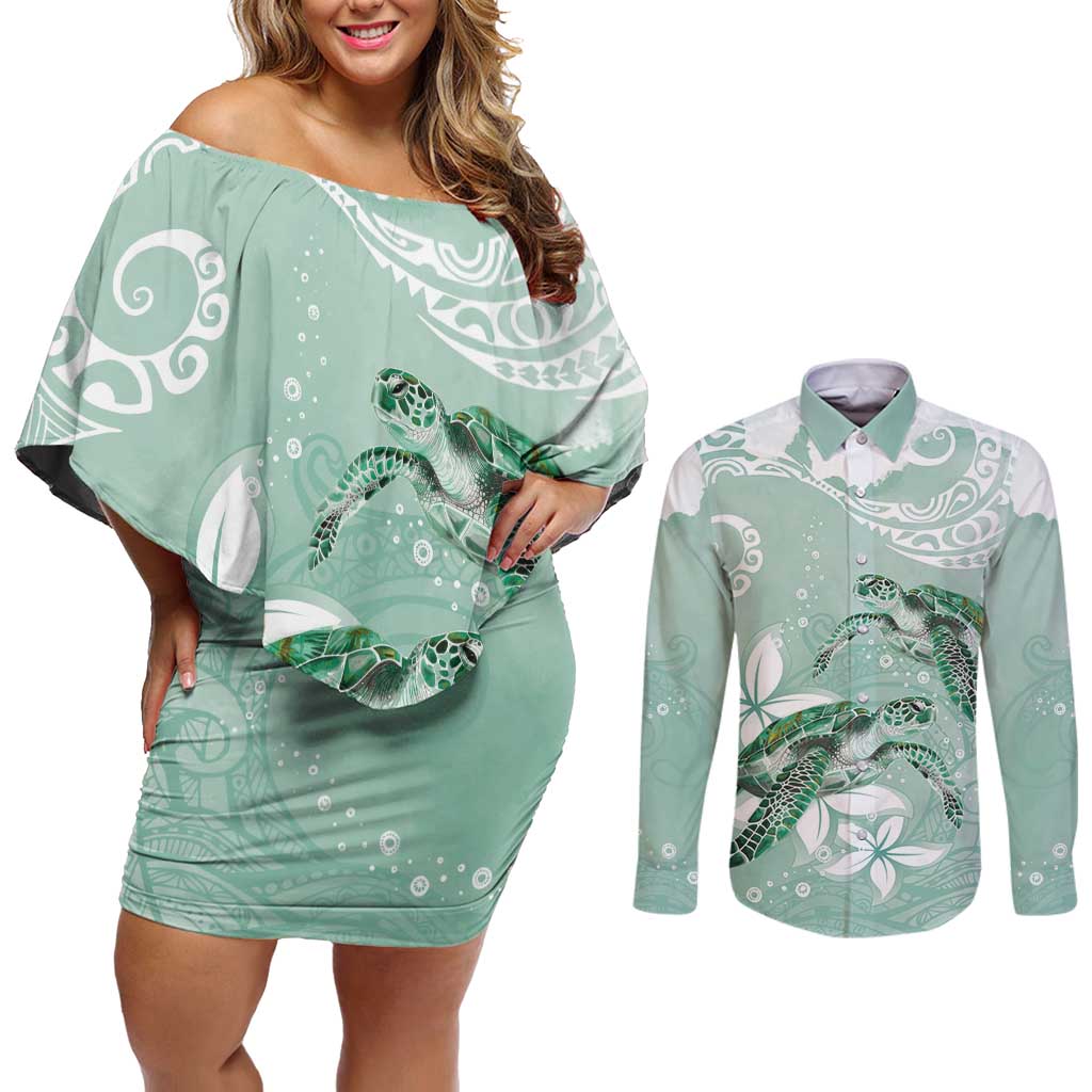 Happy Valentine's Day Polynesia Couples Matching Off Shoulder Short Dress and Long Sleeve Button Shirt SeaTurtle Couple Polynesian - Green Lester Color