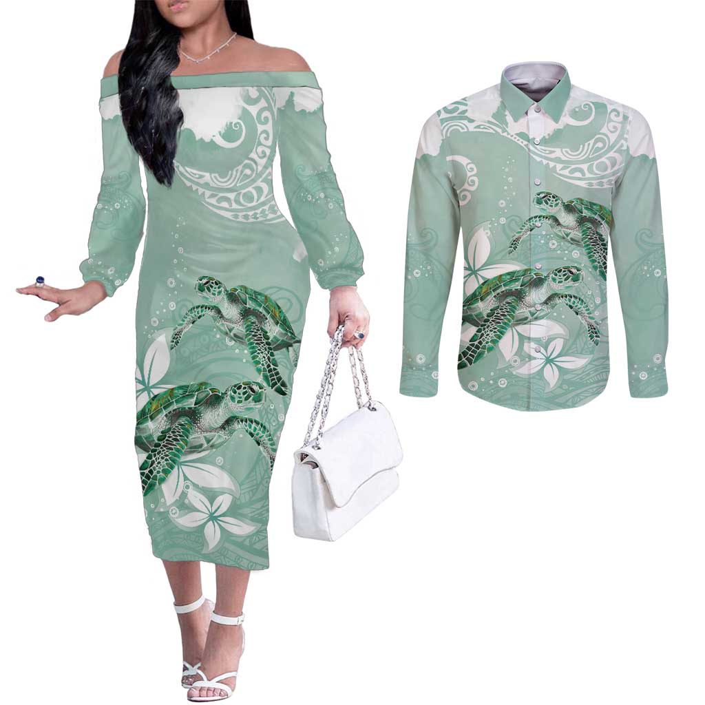 Happy Valentine's Day Polynesia Couples Matching Off The Shoulder Long Sleeve Dress and Long Sleeve Button Shirt SeaTurtle Couple Polynesian - Green Lester Color