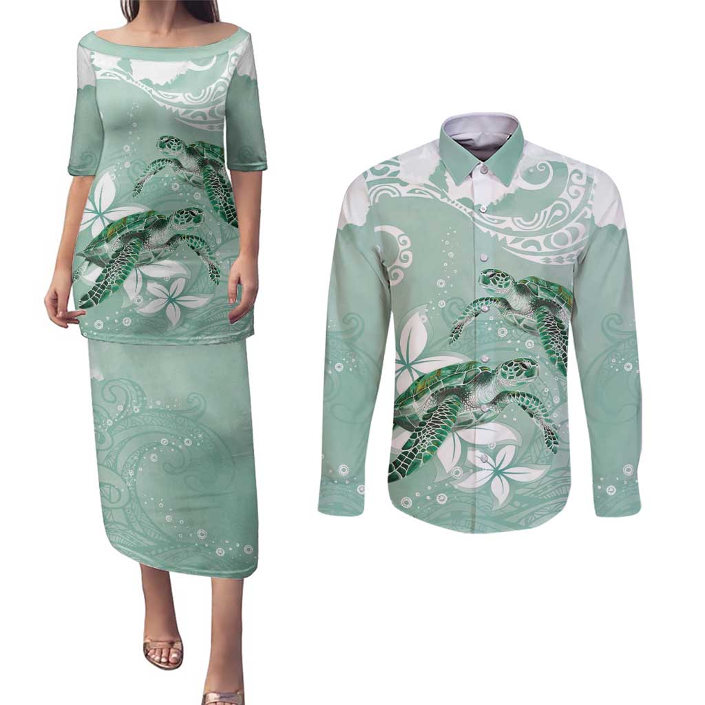 Happy Valentine's Day Polynesia Couples Matching Puletasi and Long Sleeve Button Shirt SeaTurtle Couple Polynesian - Green Lester Color LT14 Green - Polynesian Pride