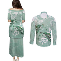 Happy Valentine's Day Polynesia Couples Matching Puletasi and Long Sleeve Button Shirt SeaTurtle Couple Polynesian - Green Lester Color LT14 - Polynesian Pride