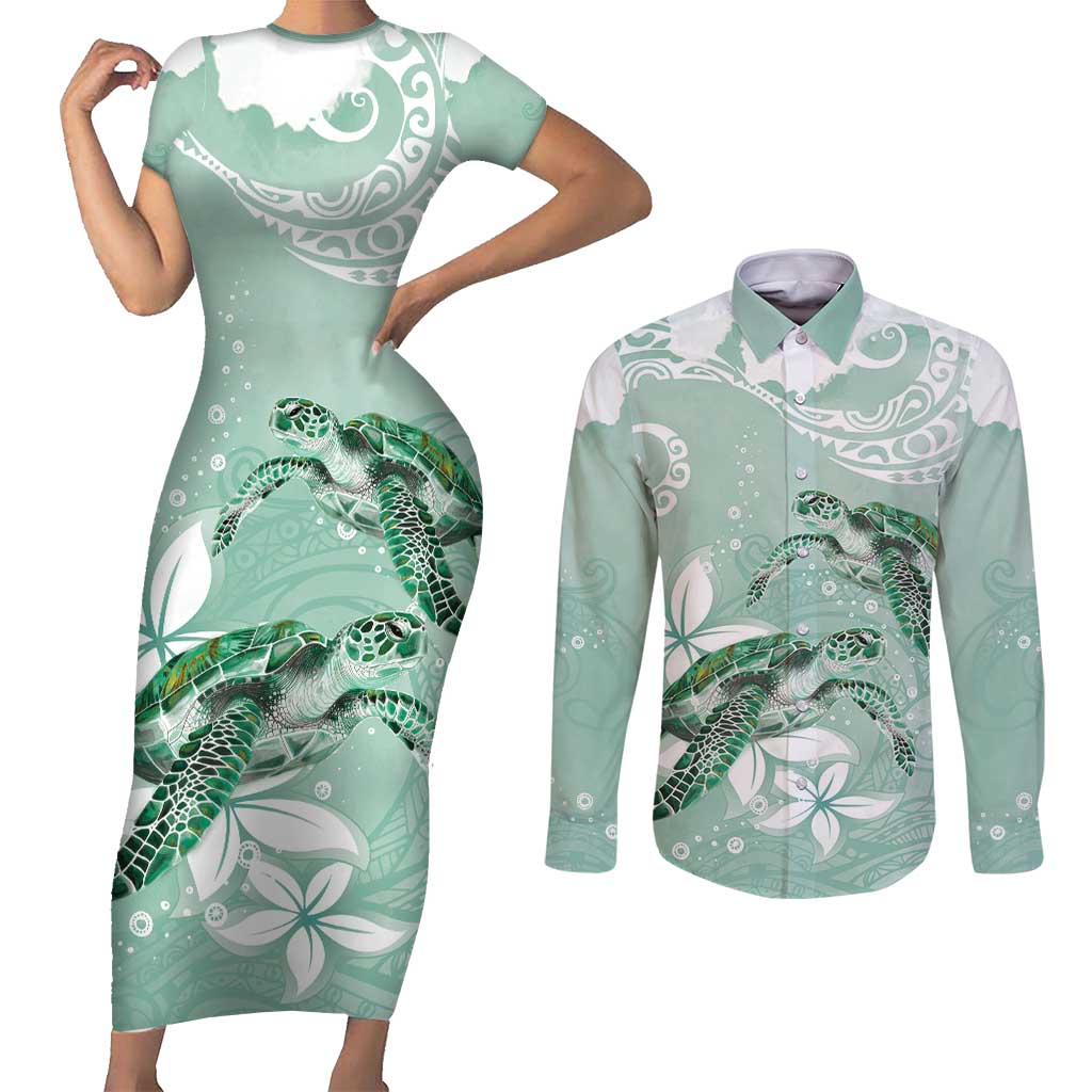 Happy Valentine's Day Polynesia Couples Matching Short Sleeve Bodycon Dress and Long Sleeve Button Shirt SeaTurtle Couple Polynesian - Green Lester Color