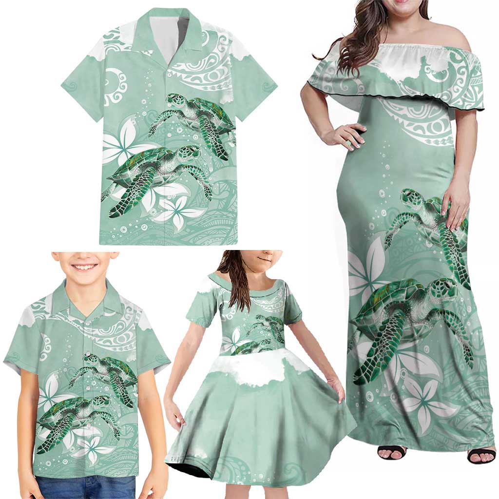 Happy Valentine's Day Polynesia Family Matching Off Shoulder Maxi Dress and Hawaiian Shirt SeaTurtle Couple Polynesian - Green Lester Color