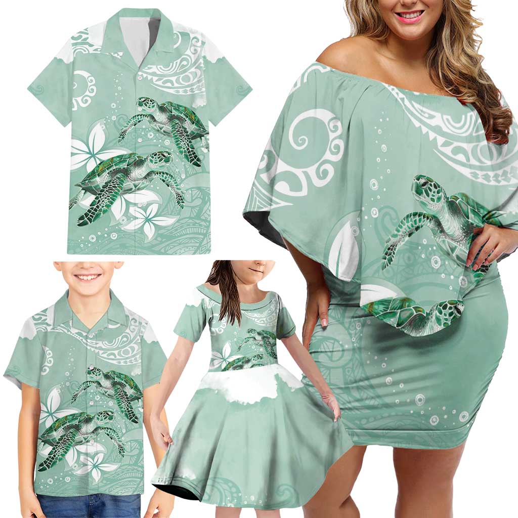 Happy Valentine's Day Polynesia Family Matching Off Shoulder Short Dress and Hawaiian Shirt SeaTurtle Couple Polynesian - Green Lester Color