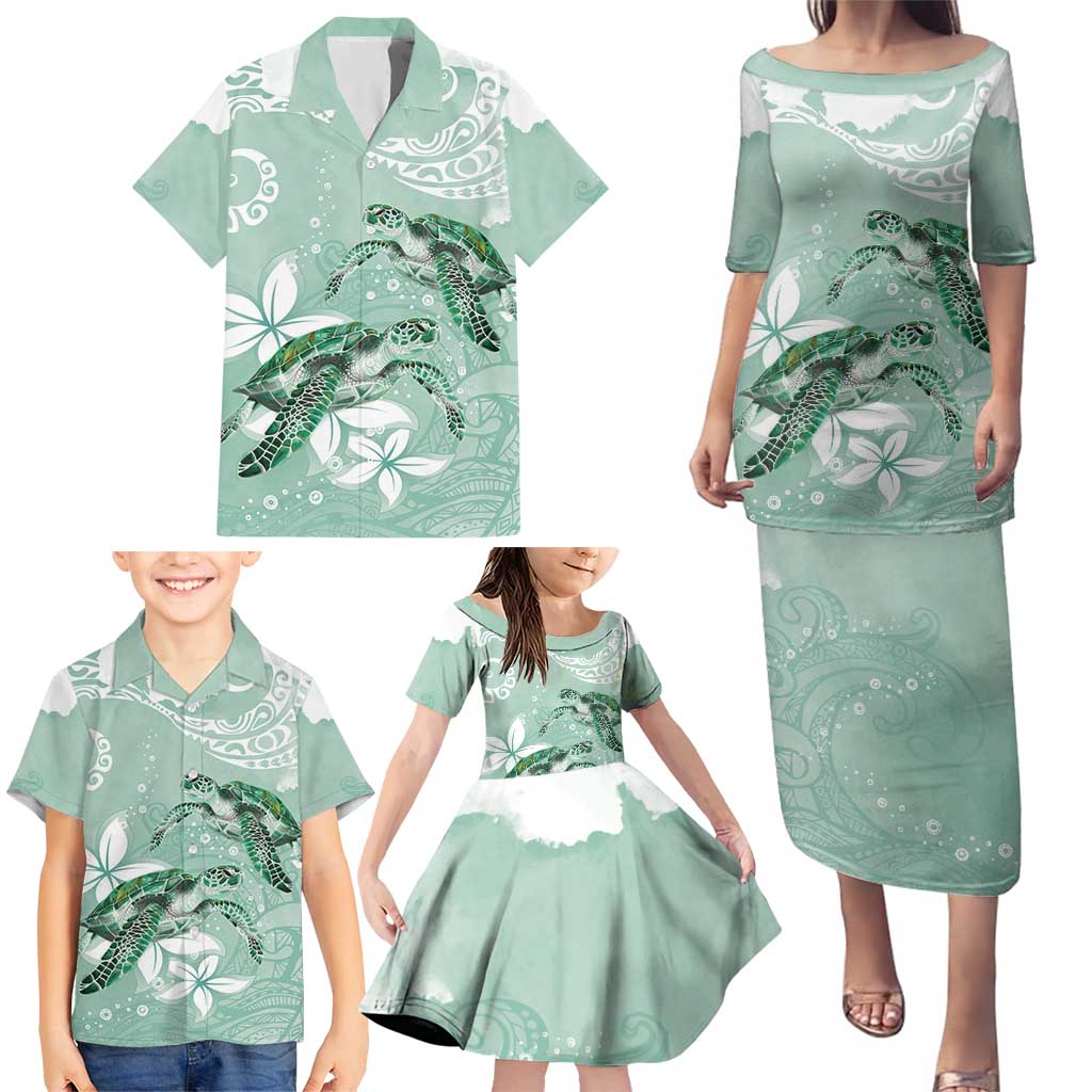 Happy Valentine's Day Polynesia Family Matching Puletasi and Hawaiian Shirt SeaTurtle Couple Polynesian - Green Lester Color