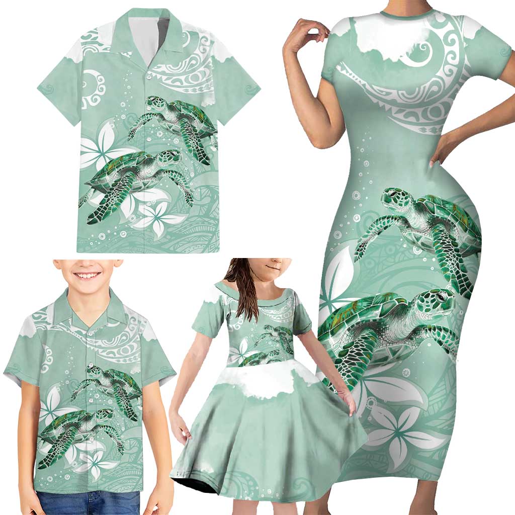 Happy Valentine's Day Polynesia Family Matching Short Sleeve Bodycon Dress and Hawaiian Shirt SeaTurtle Couple Polynesian - Green Lester Color