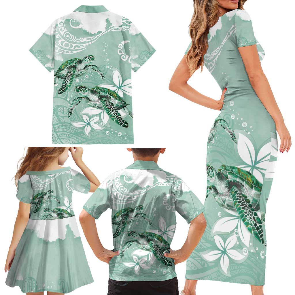 Happy Valentine's Day Polynesia Family Matching Short Sleeve Bodycon Dress and Hawaiian Shirt SeaTurtle Couple Polynesian - Green Lester Color