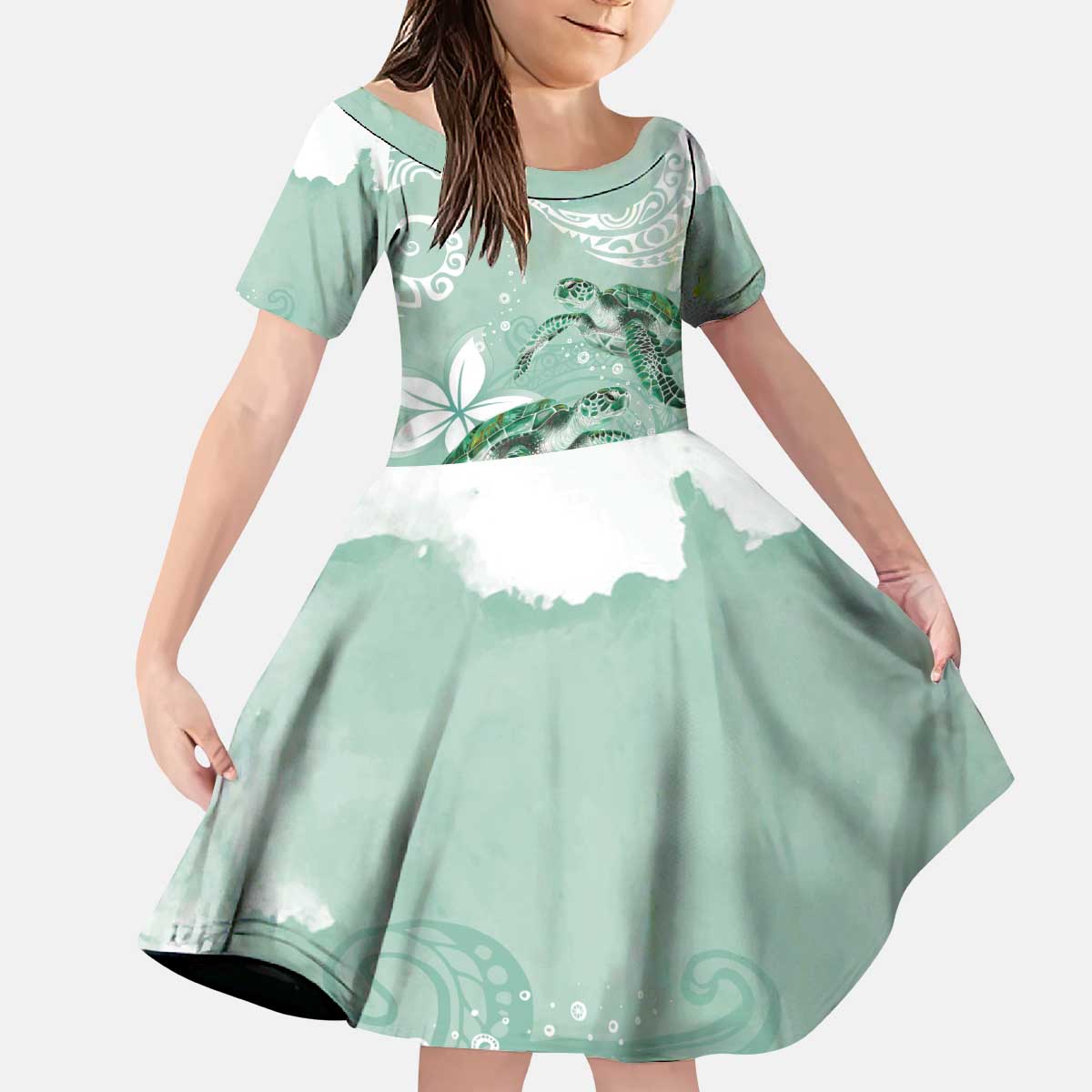 Happy Valentine's Day Polynesia Kid Short Sleeve Dress SeaTurtle Couple Polynesian - Green Lester Color