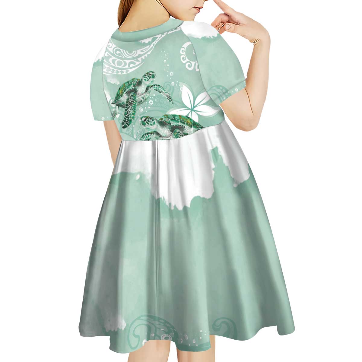 Happy Valentine's Day Polynesia Kid Short Sleeve Dress SeaTurtle Couple Polynesian - Green Lester Color