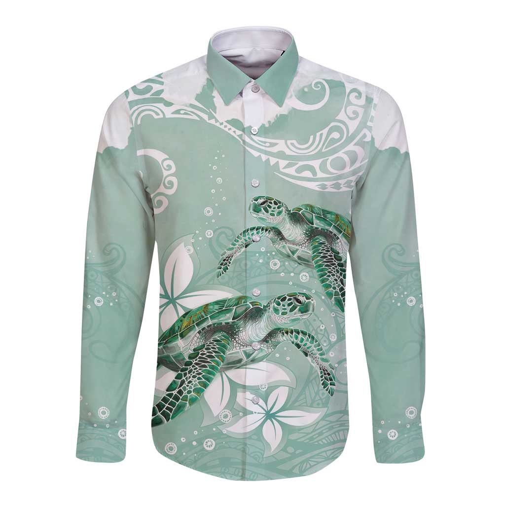 Happy Valentine's Day Polynesia Long Sleeve Button Shirt SeaTurtle Couple Polynesian - Green Lester Color