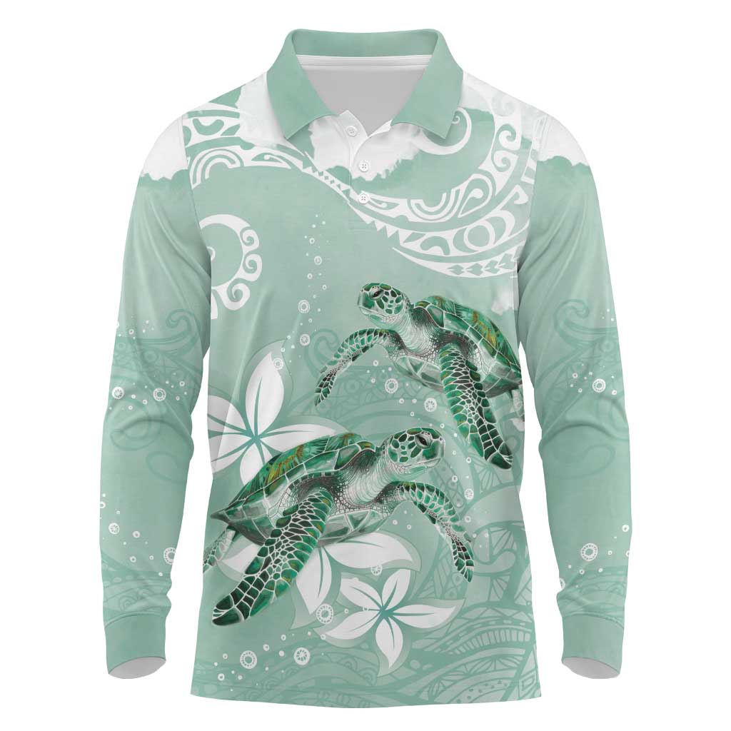 Happy Valentine's Day Polynesia Long Sleeve Polo Shirt SeaTurtle Couple Polynesian - Green Lester Color