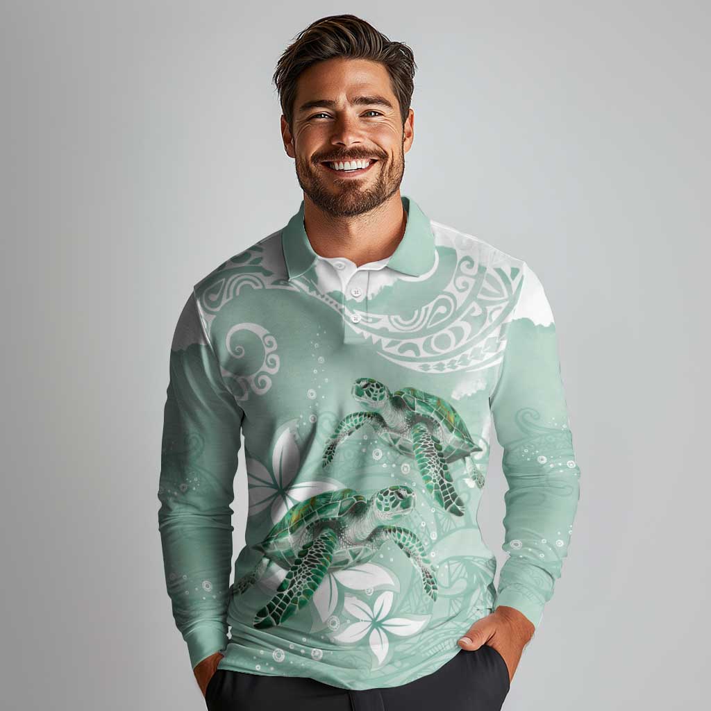 Happy Valentine's Day Polynesia Long Sleeve Polo Shirt SeaTurtle Couple Polynesian - Green Lester Color
