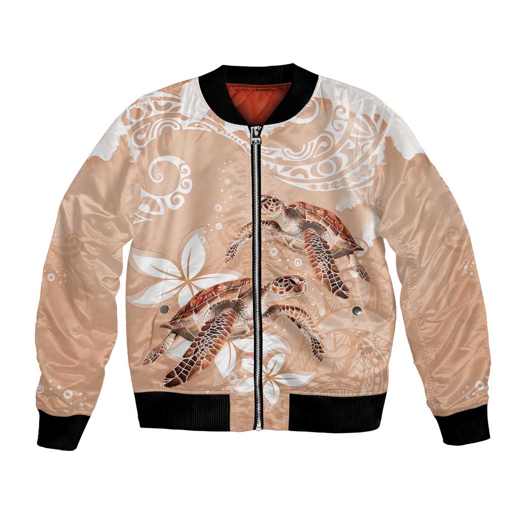 Happy Valentine's Day Polynesia Bomber Jacket SeaTurtle Couple Polynesian - Desert Sand Color