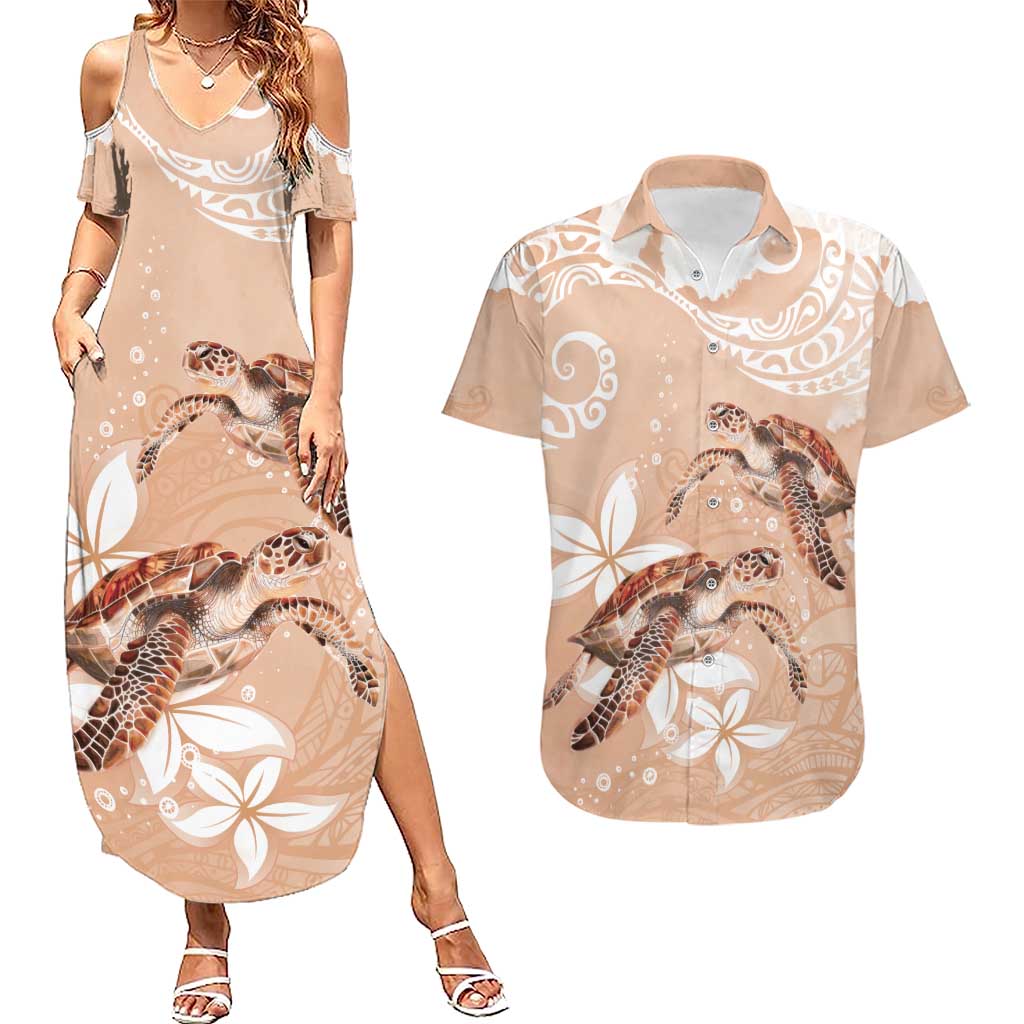 Happy Valentine's Day Polynesia Couples Matching Summer Maxi Dress and Hawaiian Shirt SeaTurtle Couple Polynesian - Desert Sand Color