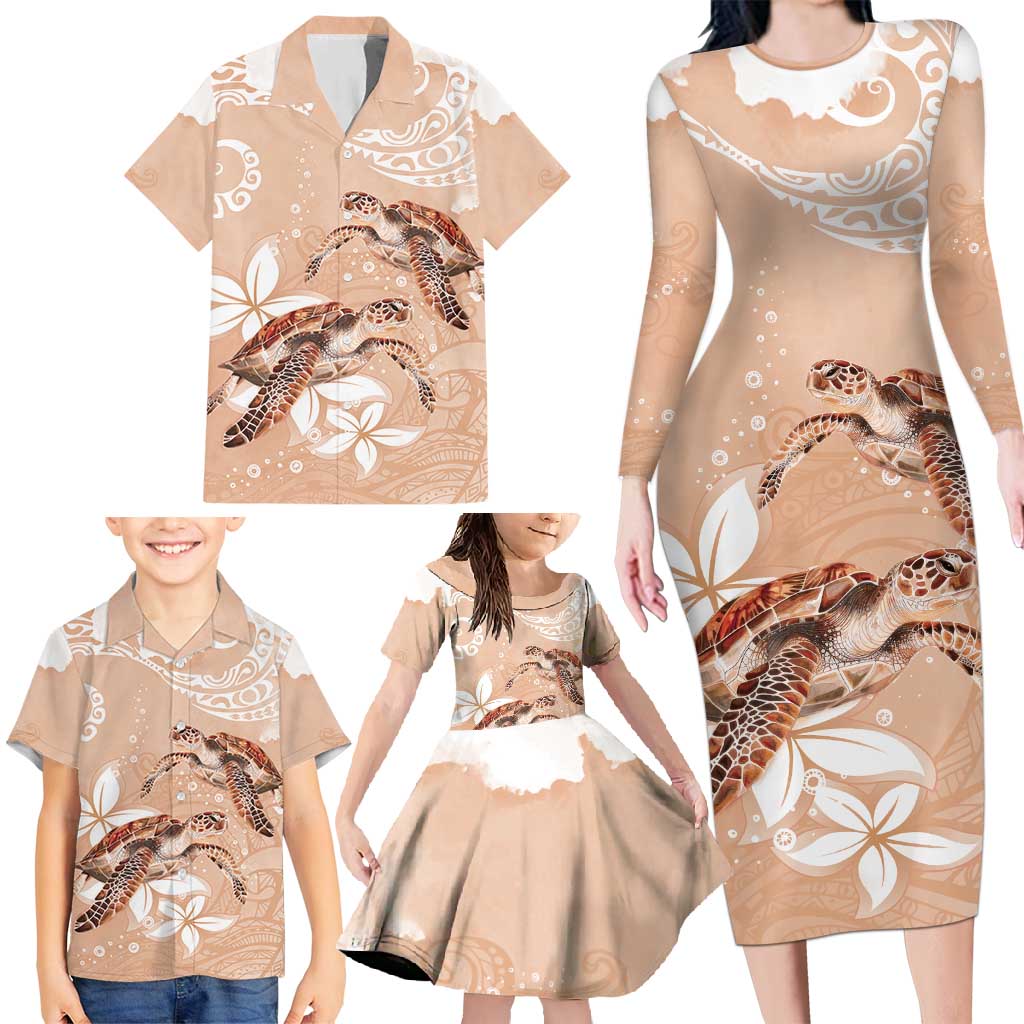 Happy Valentine's Day Polynesia Family Matching Long Sleeve Bodycon Dress and Hawaiian Shirt SeaTurtle Couple Polynesian - Desert Sand Color