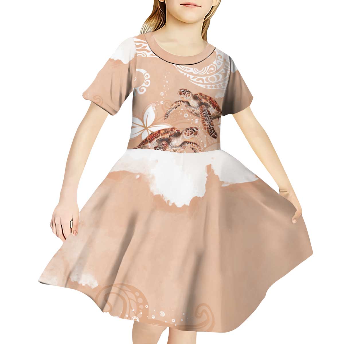 Happy Valentine's Day Polynesia Kid Short Sleeve Dress SeaTurtle Couple Polynesian - Desert Sand Color