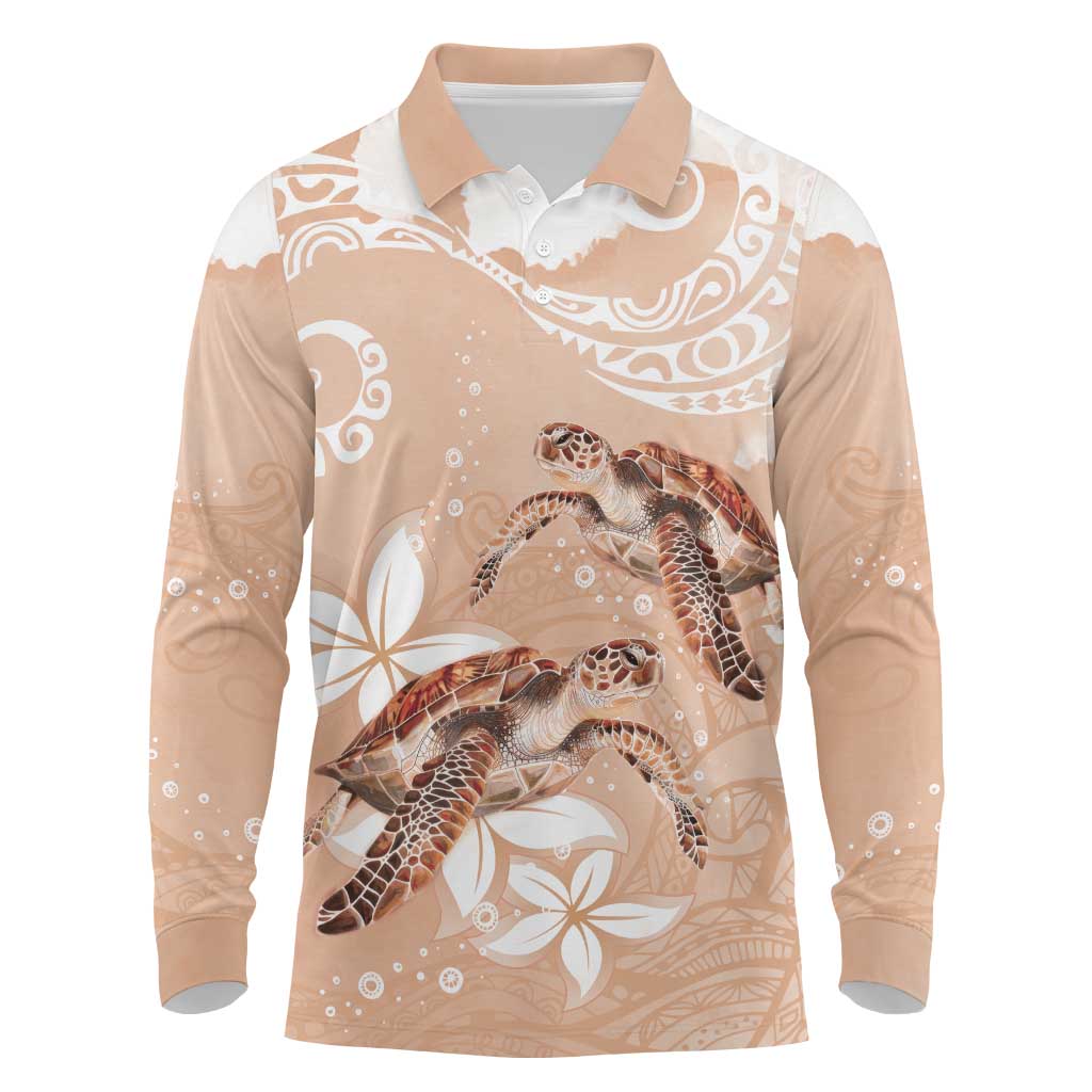 Happy Valentine's Day Polynesia Long Sleeve Polo Shirt SeaTurtle Couple Polynesian - Desert Sand Color