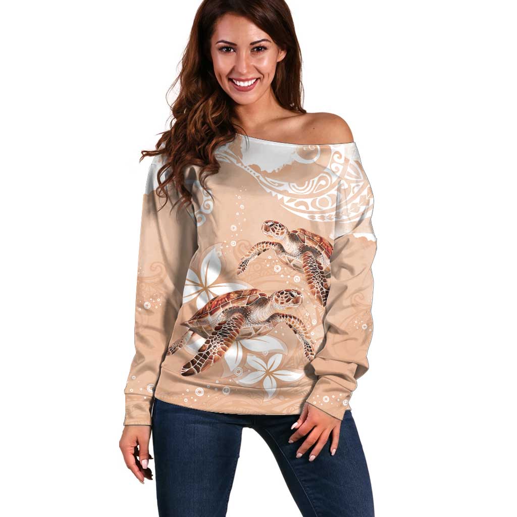 Happy Valentine's Day Polynesia Off Shoulder Sweater SeaTurtle Couple Polynesian - Desert Sand Color