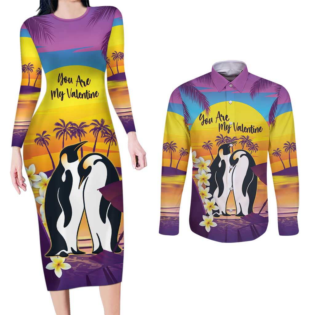 Hawaii Penguin Couple Couples Matching Long Sleeve Bodycon Dress and Long Sleeve Button Shirt You Are My Valentine - Tropical Sunset Vibes LT14 Purple - Polynesian Pride
