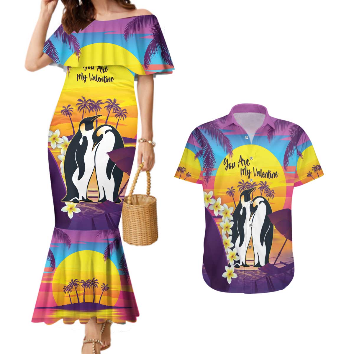 Hawaii Penguin Couple Couples Matching Mermaid Dress and Hawaiian Shirt You Are My Valentine - Tropical Sunset Vibes