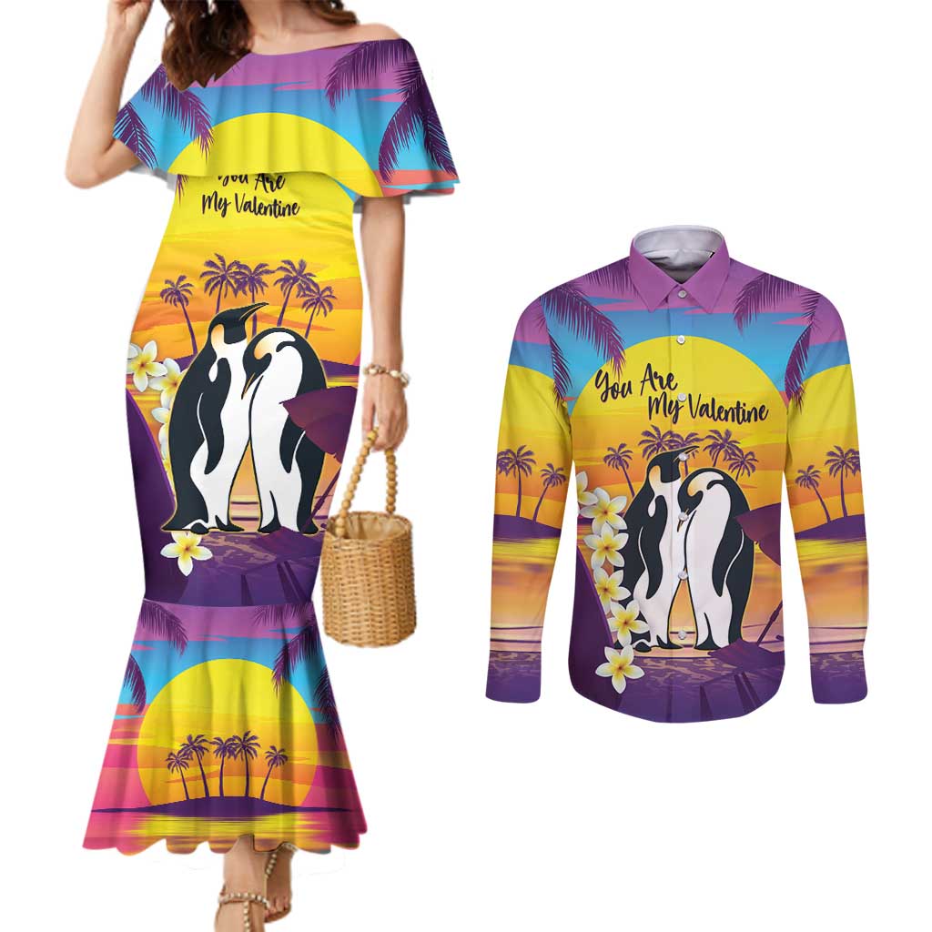 Hawaii Penguin Couple Couples Matching Mermaid Dress and Long Sleeve Button Shirt You Are My Valentine - Tropical Sunset Vibes