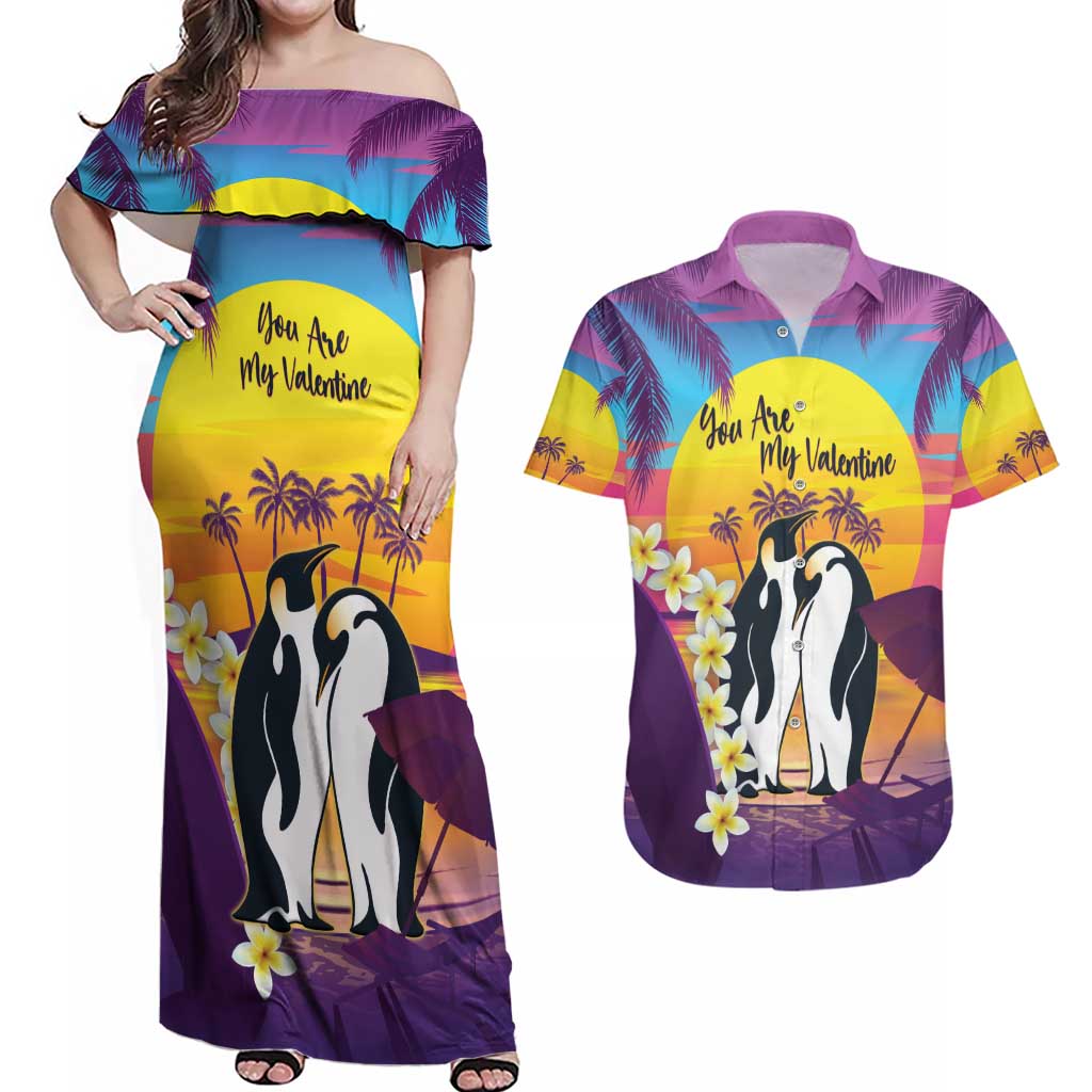 Hawaii Penguin Couple Couples Matching Off Shoulder Maxi Dress and Hawaiian Shirt You Are My Valentine - Tropical Sunset Vibes