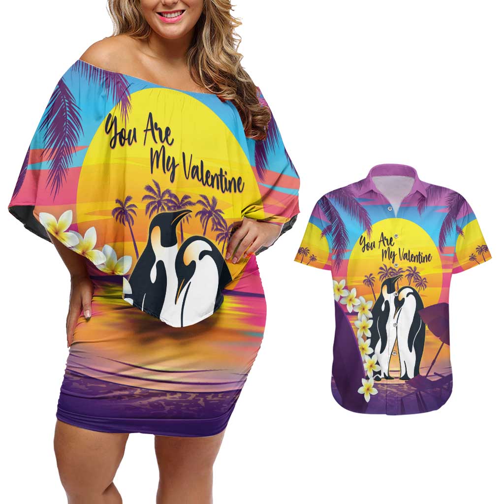 Hawaii Penguin Couple Couples Matching Off Shoulder Short Dress and Hawaiian Shirt You Are My Valentine - Tropical Sunset Vibes