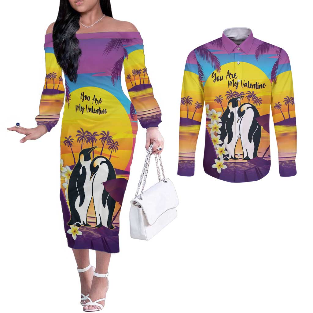 Hawaii Penguin Couple Couples Matching Off The Shoulder Long Sleeve Dress and Long Sleeve Button Shirt You Are My Valentine - Tropical Sunset Vibes