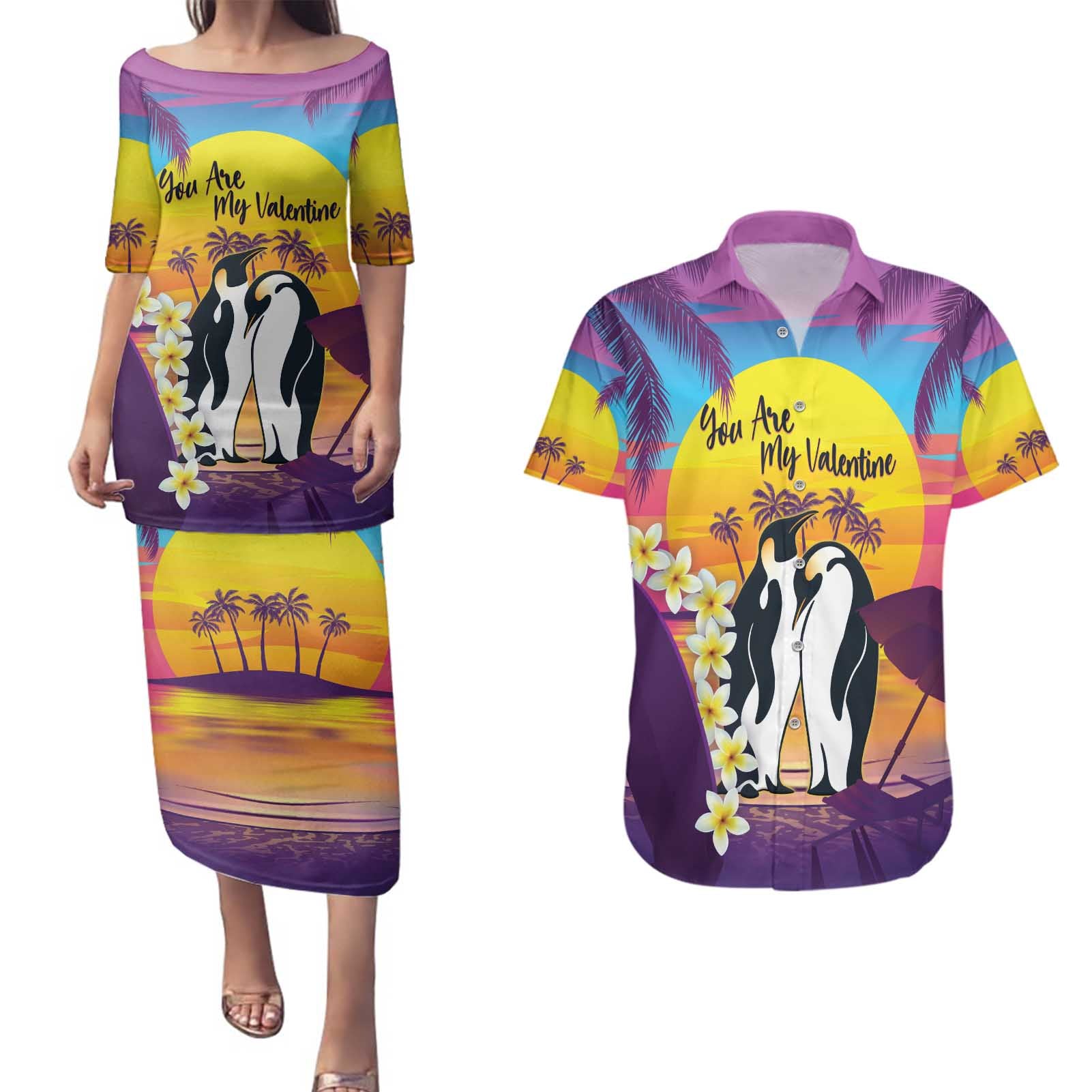 Hawaii Penguin Couple Couples Matching Puletasi and Hawaiian Shirt You Are My Valentine - Tropical Sunset Vibes