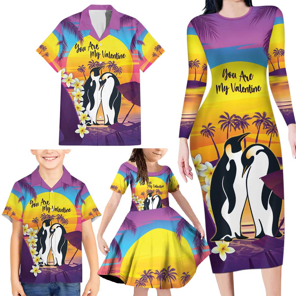 Hawaii Penguin Couple Family Matching Long Sleeve Bodycon Dress and Hawaiian Shirt You Are My Valentine - Tropical Sunset Vibes