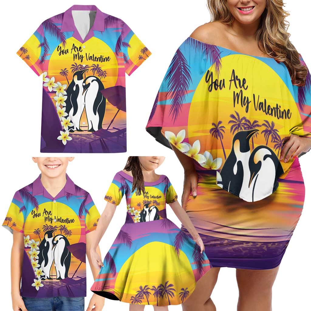 Hawaii Penguin Couple Family Matching Off Shoulder Short Dress and Hawaiian Shirt You Are My Valentine - Tropical Sunset Vibes