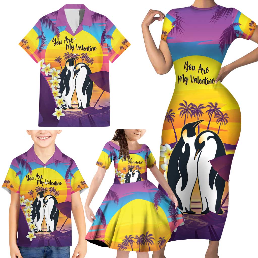 Hawaii Penguin Couple Family Matching Short Sleeve Bodycon Dress and Hawaiian Shirt You Are My Valentine - Tropical Sunset Vibes