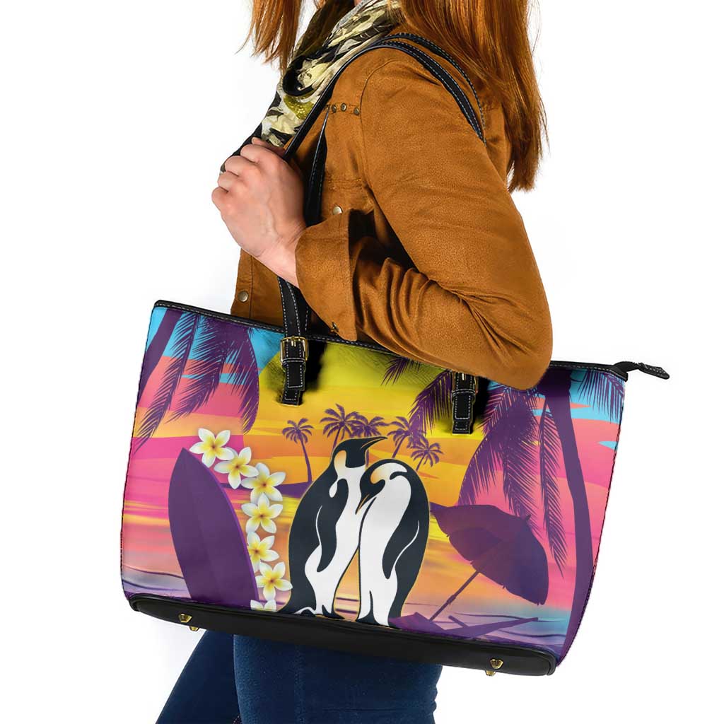 Hawaii Penguin Couple Leather Tote Bag You Are My Valentine - Tropical Sunset Vibes LT14 Purple - Polynesian Pride