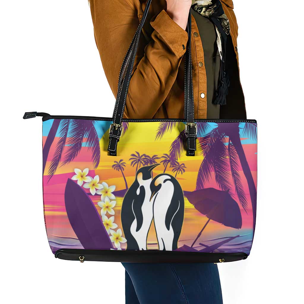 Hawaii Penguin Couple Leather Tote Bag You Are My Valentine - Tropical Sunset Vibes LT14 - Polynesian Pride