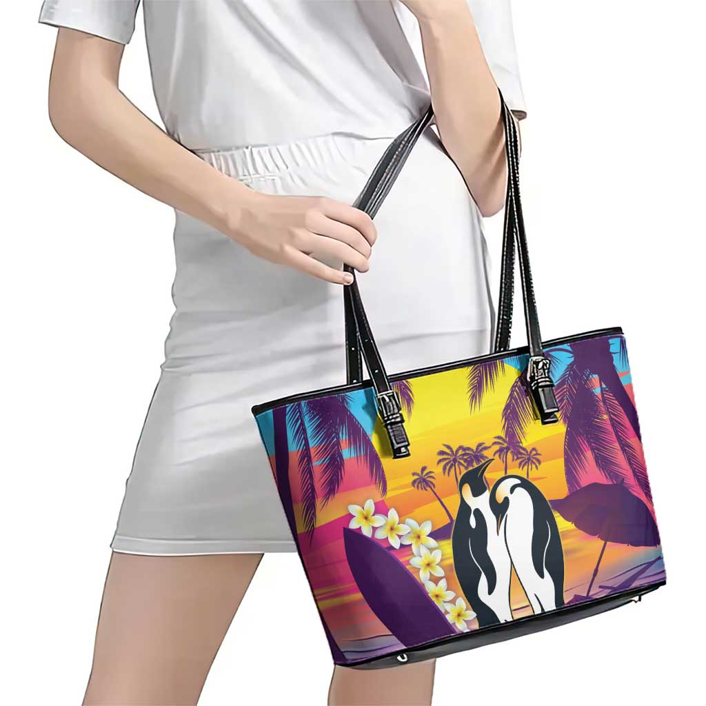 Hawaii Penguin Couple Leather Tote Bag You Are My Valentine - Tropical Sunset Vibes LT14 - Polynesian Pride