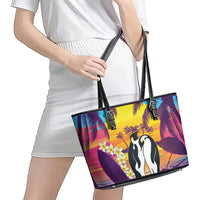 Hawaii Penguin Couple Leather Tote Bag You Are My Valentine - Tropical Sunset Vibes LT14 - Polynesian Pride