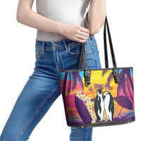 Hawaii Penguin Couple Leather Tote Bag You Are My Valentine - Tropical Sunset Vibes LT14 - Polynesian Pride