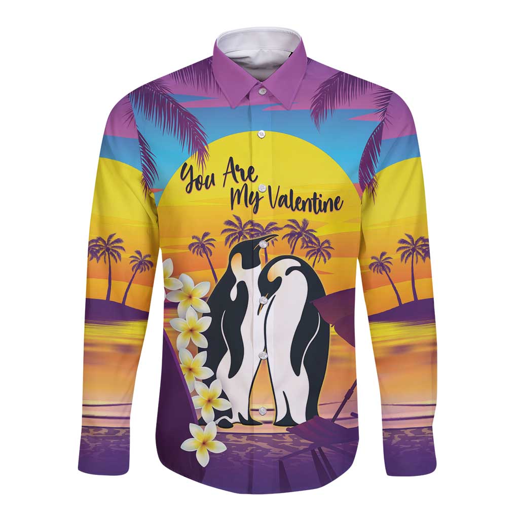 Hawaii Penguin Couple Long Sleeve Button Shirt You Are My Valentine - Tropical Sunset Vibes