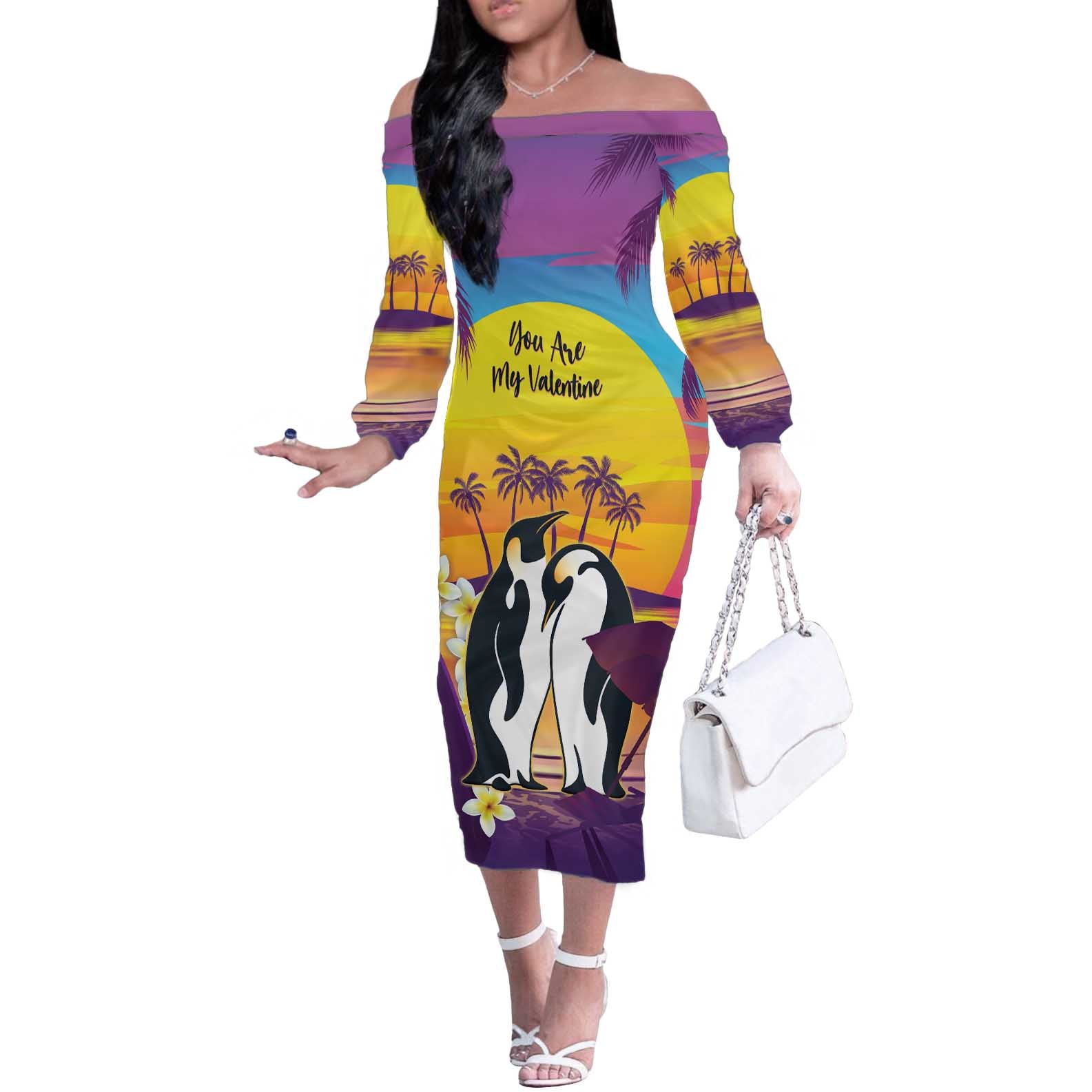 Hawaii Penguin Couple Off The Shoulder Long Sleeve Dress You Are My Valentine - Tropical Sunset Vibes