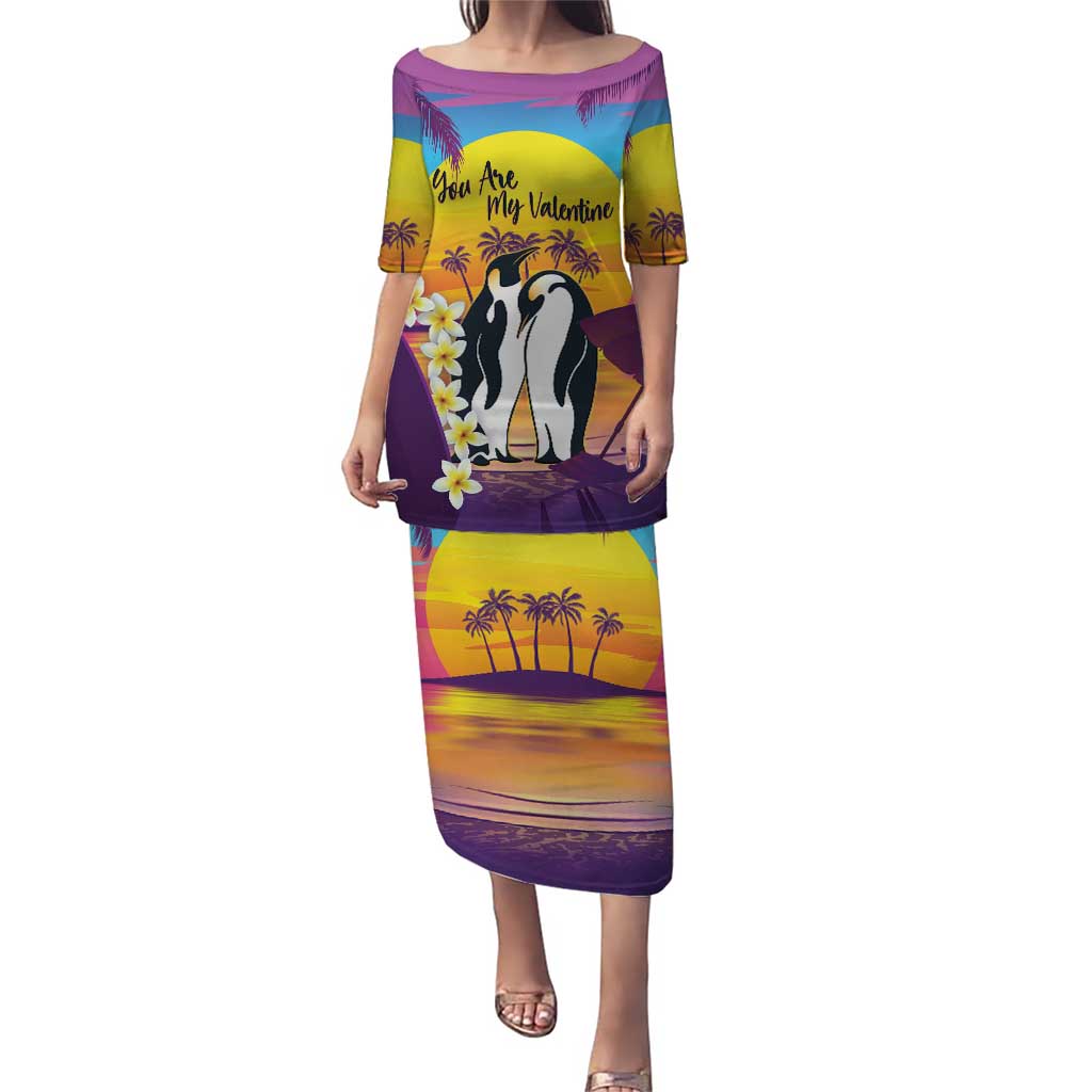 Hawaii Penguin Couple Puletasi You Are My Valentine - Tropical Sunset Vibes LT14 Long Dress Purple - Polynesian Pride