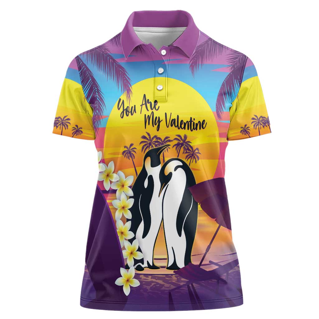 Hawaii Penguin Couple Women Polo Shirt You Are My Valentine - Tropical Sunset Vibes