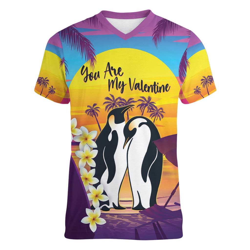 Hawaii Penguin Couple Women V-Neck T-Shirt You Are My Valentine - Tropical Sunset Vibes LT14 Female Purple - Polynesian Pride