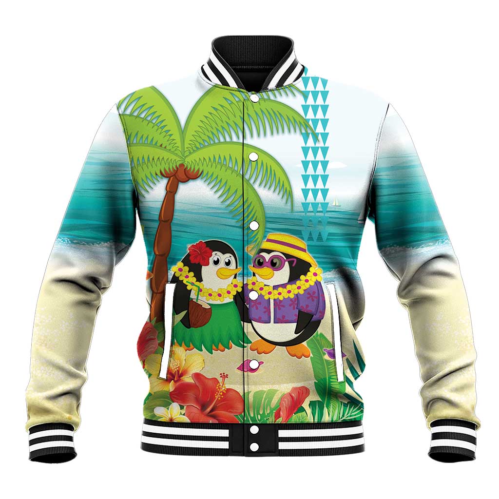 Hawaii Penguin Couple Baseball Jacket Hawaiian Kakau - Tropical Summer Vibes LT14 Unisex Cyan - Polynesian Pride