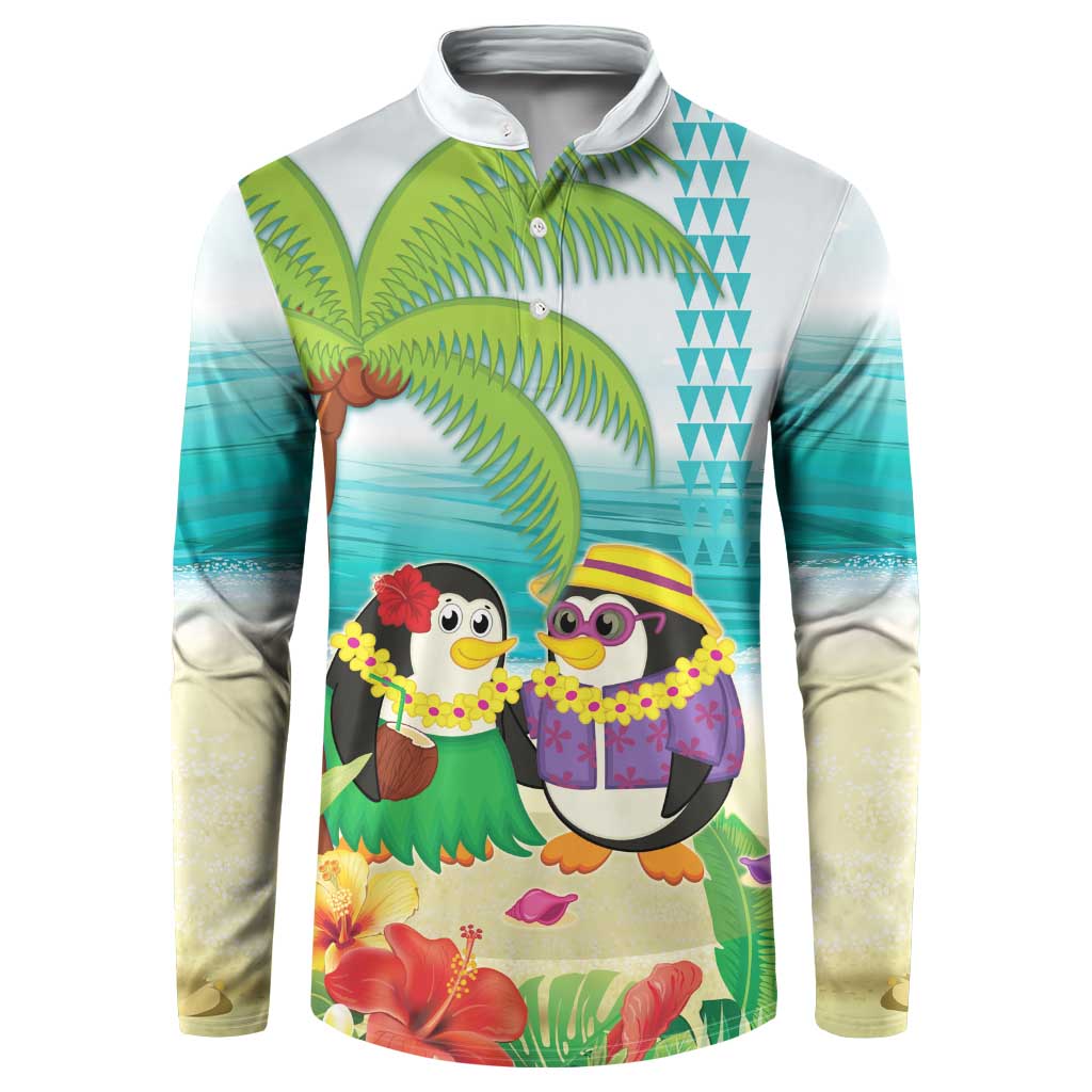 Hawaii Penguin Couple Button Sweatshirt Hawaiian Kakau - Tropical Summer Vibes LT14 Cyan - Polynesian Pride